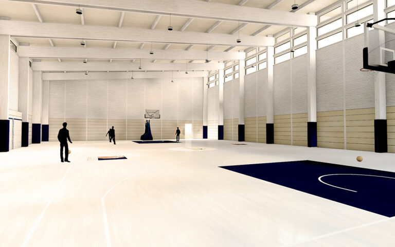 Innenraumvisualisierung und Lichtstudie, Konzept einer Basketball Trainingshalle für unter 500.000 Euro